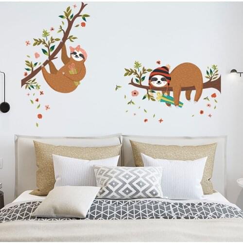 Cartoon Sloths on the Tree Branches Wall Stickers for Kids Room Baby Nursery Room Decoration Living Room Wall Decals PVC Mural