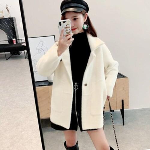 Faux Mink Nelvet Coat Womens Spring Autumn Cardigan Coat Long Sleeve Single-breasted Loose Knitted Coat Outwear Pocket 2020 K35