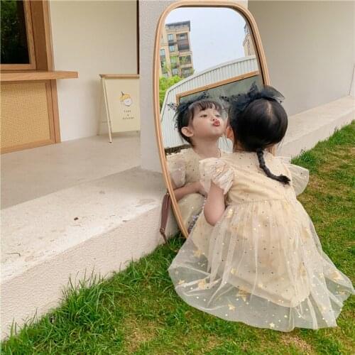 Princess Toddler Girls Sparkle Stars Dress for Children Kids Flying Sleeve Sundress Bling Bling Sweetie Clothing