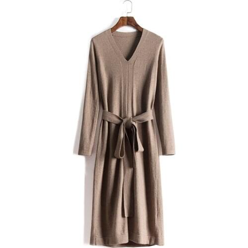 2019 Wool Dress Ukraine Limited Women Dress Winter New Cashmere Knit Slim Long Slit Temperament V-neck Warm Long-sleeved Female