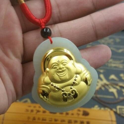 With Certified Pure 24k Yellow Gold Bless Buddha with Natural Jade Nephrite Pendant 42x39mm