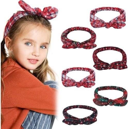 Imixlot Newly Design 6pcs Christmas Snowflake Striped Rabbit Ears Bowknot Headband Women Children Elastic Hair Accessories