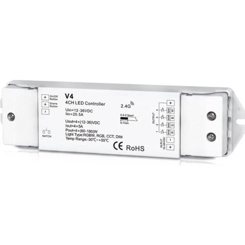 Skydance V4 Receptor; Constant Voltage Wireless Receiver;12V-24V Input;5A 4 Channel Output LED Single CCT RGB RGBW Controller