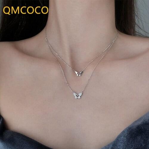 QMCOCO 925 Silver Zircon Butterfly Pendant Necklace For Women Trend Elegant Double Layer Butterfly Woman Jewelry Accessories