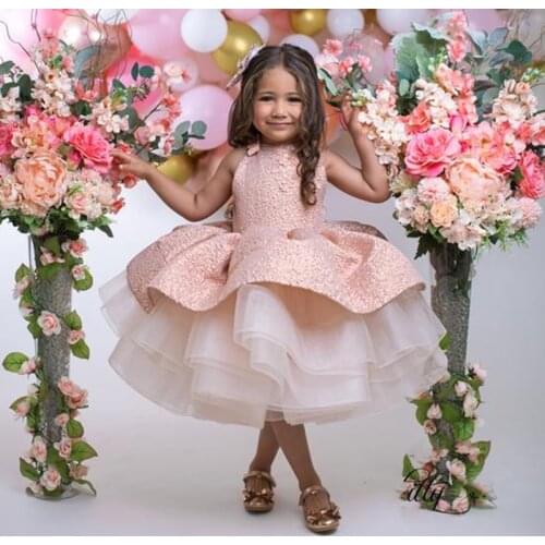 Rose Gold Girls Dresses Knee Length Halter Top Princess Fluffy Birthday Party Dress Kids Clothes for Special Occasion