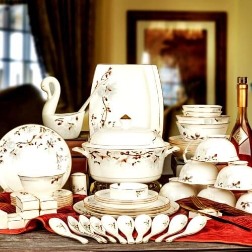 Hand-painted Dishes Home Decor Classical Bone China Tableware Set Dishes Chopsticks Pottery Bowl Gifts Kitchen Dinnerware Sets