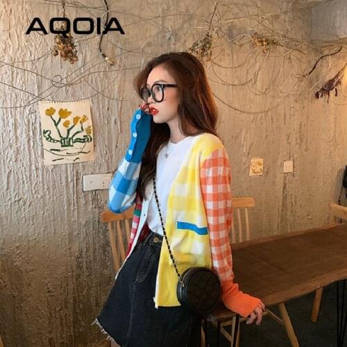 Autumn Streetwear rainbow Plaid Women Knitted Sweaters Long Sleeve Button Up womens Sweater 2020 INS Fashion Female Cardigans