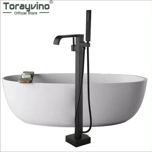Torayvino Matte Black Floor Mounted Bathroom Shower Faucet Set 360 Swivel Waterfall Spout Bathtub Faucets With Hand Mixer Tap