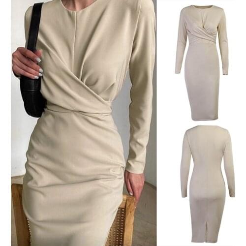 Twisted Waist Dress Ladies Dinner Party Folds in Layered Temperament Dress Apricot
