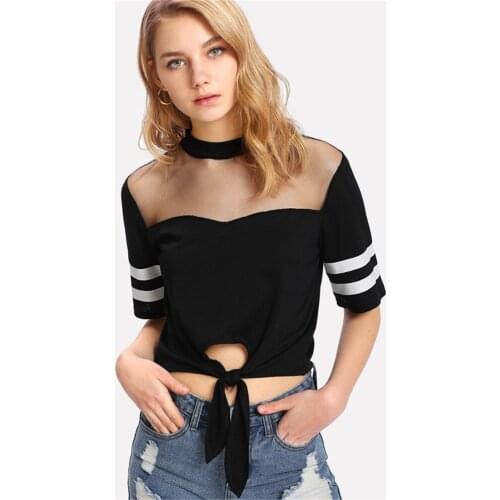 T Shirt Women t-shirt spring summer Net Yarn Splicing Sexy Stripe Short Sleeves Vintage Tshirt Women Clothes Vestidos BLK1014