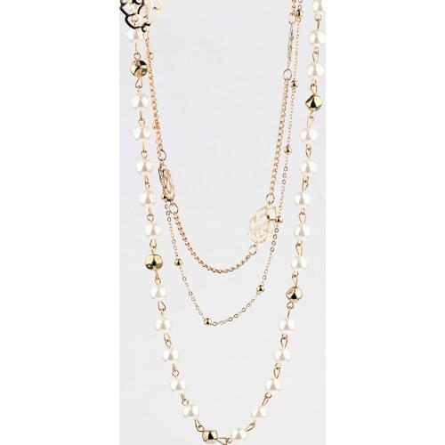 Women Rhinestone Multi Layer Long Necklace Imitation Pearls Sweater Chain Necklaces Jewelry C66