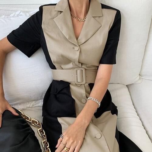 Women Dress 2021 Summer French Elegant Suit Collar Contrast Color Stitching Design Lace-Up Single-Breasted Vestidos