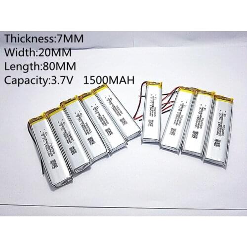 10pcs 3.7V 1500mAh 702080 Lithium Polymer Li-Po li ion Rechargeable Battery cells For Mp3 MP4 MP5 GPS mobile bluetooth