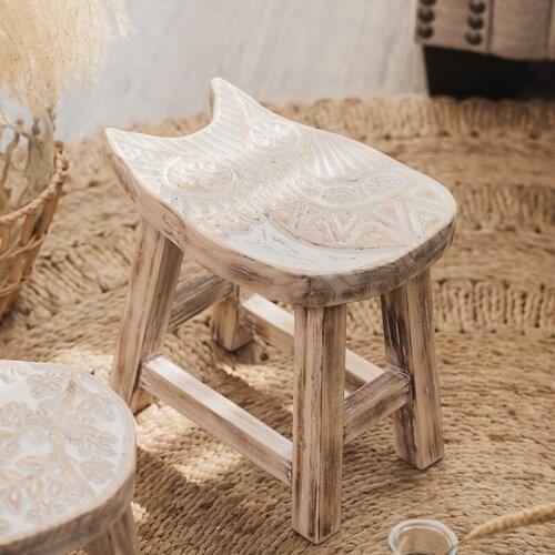 Hand Carving Shabby Distressed Animal Decor Wooden Small Stool