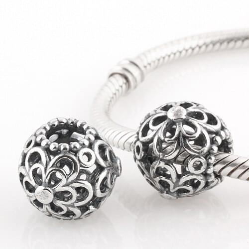Guaranteed 100% 925 Silver Charms Bead Openwork Flower Women DIY Jewelry Fit Silver Charm Bracelet & Snake Chain Vintage Beads