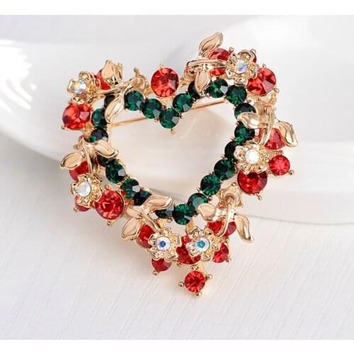 Hot Sale Christmas Brooch Pins Fashion Heart-Shaped Crystal Flower Brooches For Women Fine Jewelry Wholesale