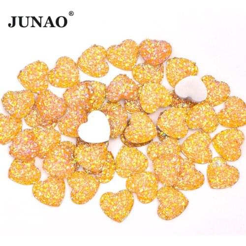 JUNAO 12mm Yellow AB Color Glitter Heart Resin Rhinestone Sticker Flat Back Crystal Stones Gule On Scrapbook Beads Decorations