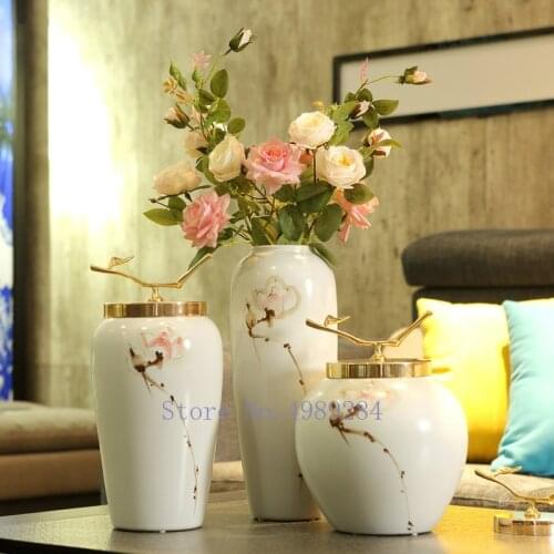 Modern Ceramic Vase Golden Lid Tree Branch Handmade Crafts Decoration Flower Arrangement Creativity Living Room Home Decorations