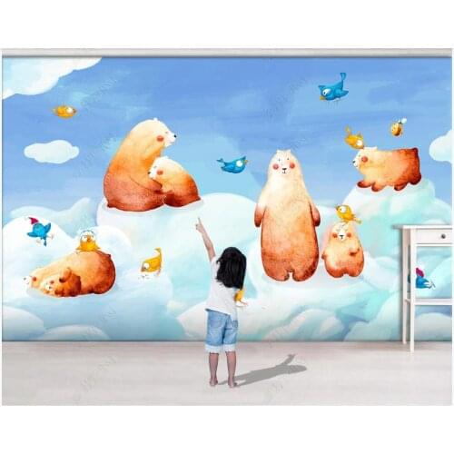 Custom mural 3d photo wallpaper Hand painted watercolor bear mother and child baby flying bird children' wallpaper for walls 3 d