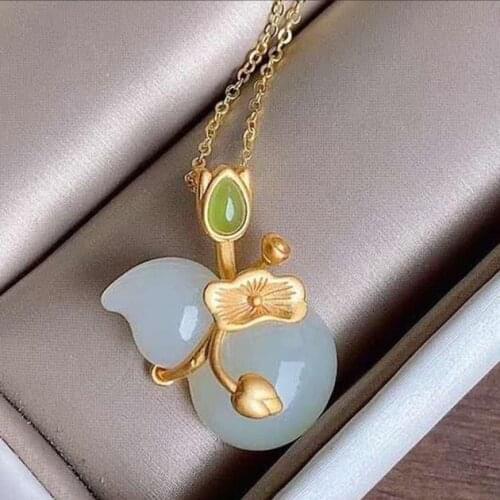 New silver inlaid natural Hetian jade necklace Chinese style retro lotus leaf gourd Pendant Light luxury charm womens jewelry