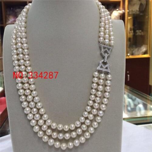 NEW beautiful 3 rows AAA 7-8mm White Round Freshwater Cultured Pearl Necklace 20"