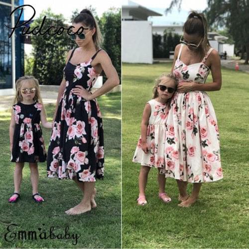 Pudcoco Family Matching Outfits Mother Daughter Casual Sleeveless Floral Long Dress Helen115