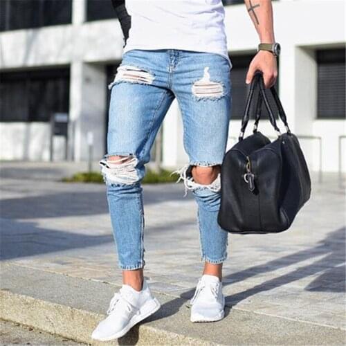2020 Light blue hole pants Jeans Mens Jeans Skinny Slim Ripped Distressed Pleated Knee Hole Denim Pants Plus size Jeans For Men