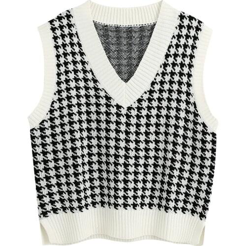 Women 2021 Fashion Houndstooth Knitted Vest Sweater Vintage Sleeveless Side Vents Pullover Sweater Female Waistcoat Chic Tops