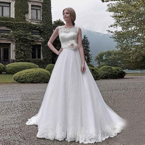 Marvelous Tulle Jewel Neckline A-line Wedding Dresses Hand Made Flowers Sleeveless Bridal Gowns vestidos de noiva simples