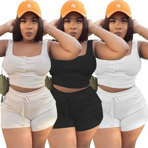 ZKYZWX Knitted Two Piece Plus Size Women Clothing Sleeveless Crop Top Lace Up Shorts Tracksuit Outfits Loungewear Matching Sets