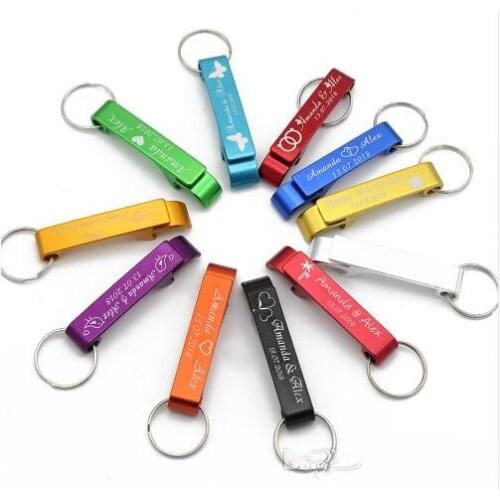 100pcs Personalized Engraved colorful Bottle Opener Key Chain key ring Wedding party Favors Valentines Gifts