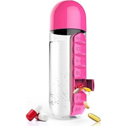 Free Travel 7 Day Pill Cup 2-in-1 Water Bottle 600ml with Pill Box Organizer Travel Use Personal Health Care TK-ing
