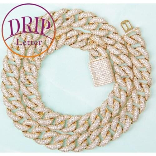 14mm Cuban Necklace Solid Chain Mens Hip Hop Gold Color Zircon Rock Street Jewelry