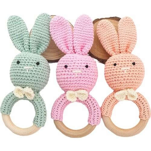 Chenkai 2PCS Crochet Rabbit Nature Wood Ring Baby Teether Food Grade DIY Wooden Infan Pacifier Teetheing Gift Chain Grasping Toy