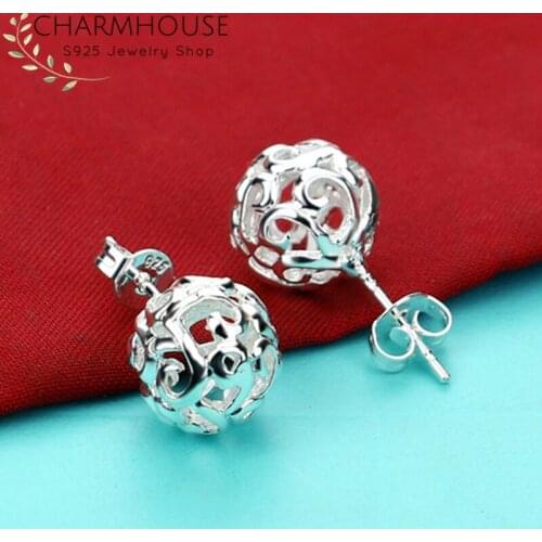 Pure Silver 925 Stud Earrings For Girl Lady Hollow Ball Bead Earing Brincos Femme Pendietens Mujer Trendy Jewelry Accesories