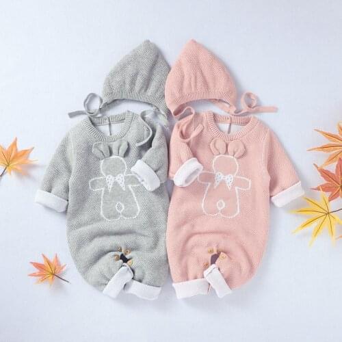 Baby Romper with Hat, Cartoon Bear Print Round Neck Long Sleeve Jumpsuit and Solid Color Hat for Kids Knitted Romper