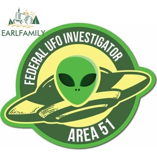 EARLFAMILY 13cm x 10.5cm Federal UFO Investigator Sticker Decal UFO Area 51 Space Laptop Funny Car Stickers Vinyl Graphics