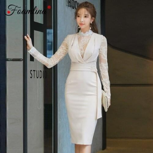 Foamlina 2019 Spring Fashion Floral Lace Patchwork Bodycon Dress Stand Collar Long Sleeve Casual Work Party Midi Pencil Dress