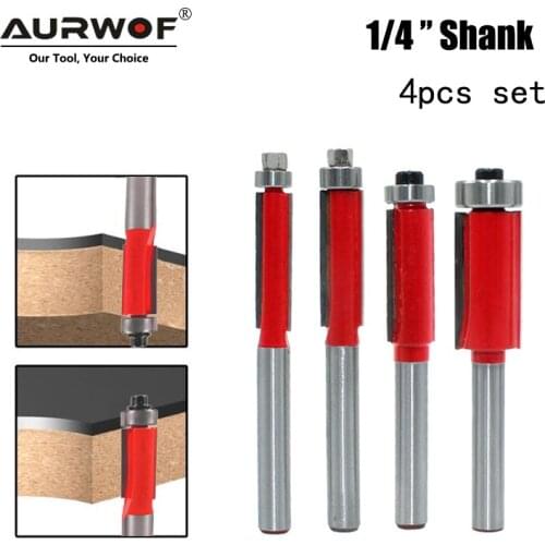 4pcs 1/4" End Dual Flutes Ball Bearing Flush Router Bit Straight Shank Trim Wood Milling Cutters for Woodworking MC01013