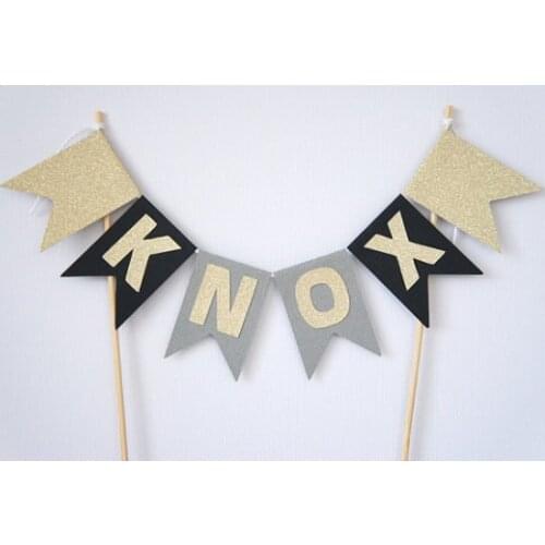 Personalised age black gold flag glitter birthday cake bunting topper banner tools christening baptism Party baby shower decor