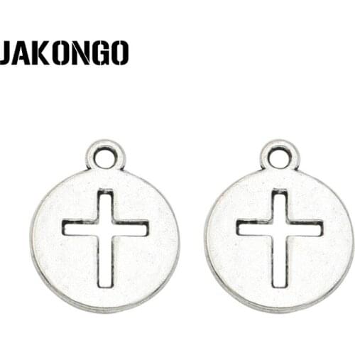 JAKONGO Antique Silver Plated Round Cross Charms Pendant for Jewelry Making Bracelet Accessories DIY Handmade 15x15mm 10PCS/lot