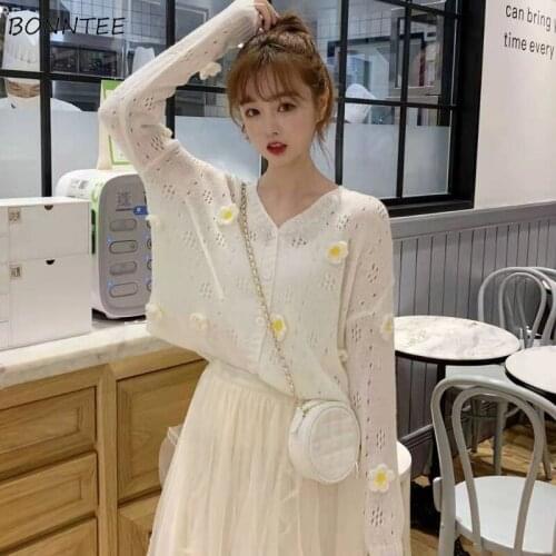 Cardigan Women V-neck Hollow Out Floral Full Sleeve Knitting Loose Cute Beige Sweater Elegant Spring Females All-match Daily New