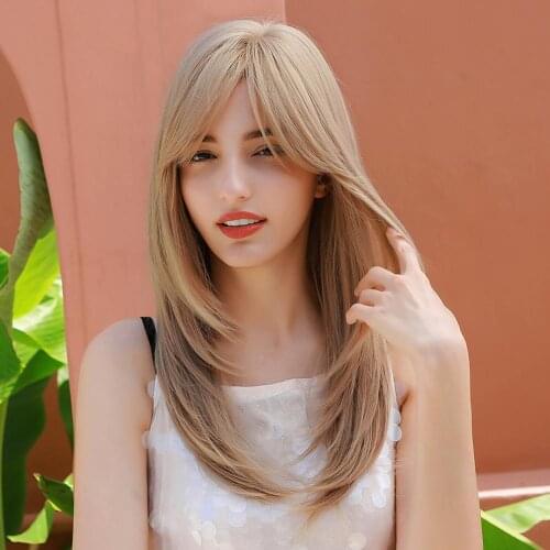 Fashion Golden Synthetic Fiber Long Wig Cosplay Party Hairpiece with Bangs Wigs for Women Heat Resistant Fiber