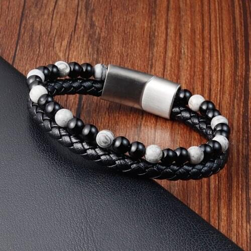 Fashion Mutilayer Leather Bracelets Natural Stone Beads Men Bracelet Magnetic Clasp Braided Wrapping Punk Bangles Man Gift