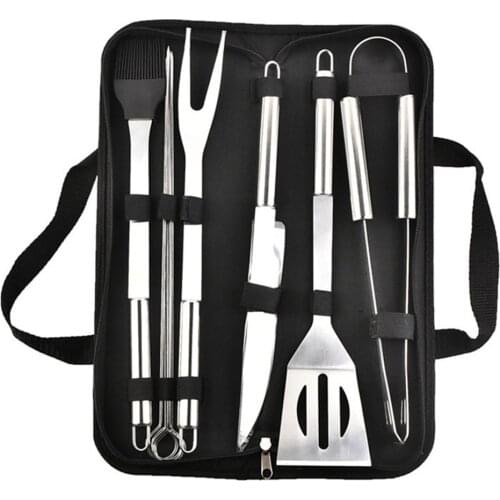 9pcs BBQ Tools Set Metal Toasting Fork Barbecue Brush BBQ Knife Skewers Tong Spatula Grilling Utensil Outdoor BBQ Tools Kit