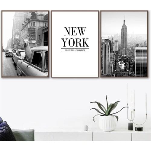 Nordic Alpaca Animal Wall Art Poster New York City Street Scenery Art Print Black White Quotes Canvas Painting Modern Home Decor
