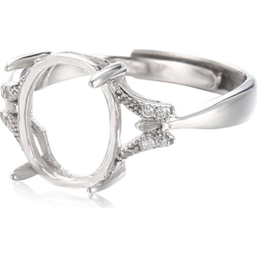 Ring Setting for 9.5x11.5mm Oval Cabochons Ring Base White Gold Plated 925 Silver Zircon Adjustable Ring Blank SR0056