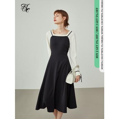 FANSILANEN Office Lady Newly Autumn 2021 French Temperament Stitching Dress Women Square Collar Mid-length Skirt Woman Dress