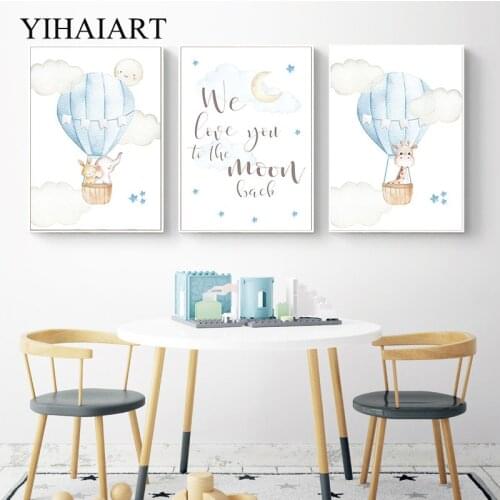 Blue Balloon Cartoon Animal Giraffe Wall Art Canvas Nursery Quotes Print Nordic Child Poster Kids Bedroom Decor Picture Painting