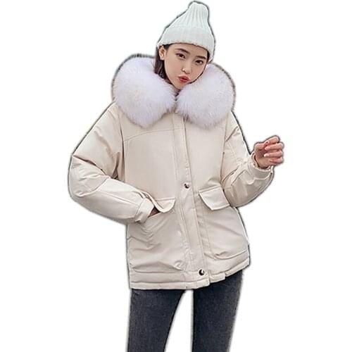 2019 Autumn Winter Jacket Women Fashion Warm Parkas Female Down Cotton Jacket Hooded Large Fur Collar Loose Winter Thicken Coat